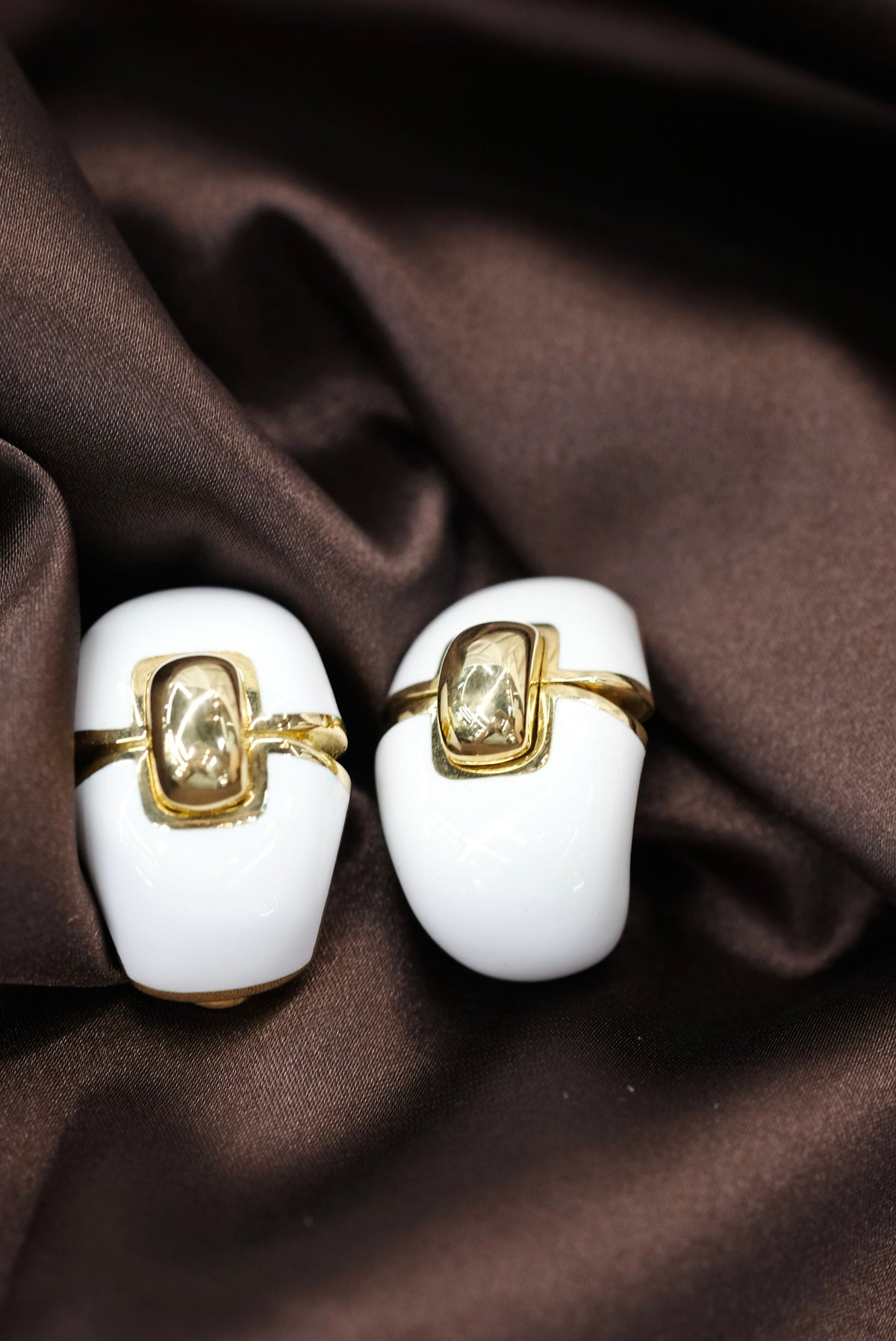 David Webb White Enamel Platinum & 18K Yellow Gold Clip-On Earrings — view 4 — Laura Milman New York