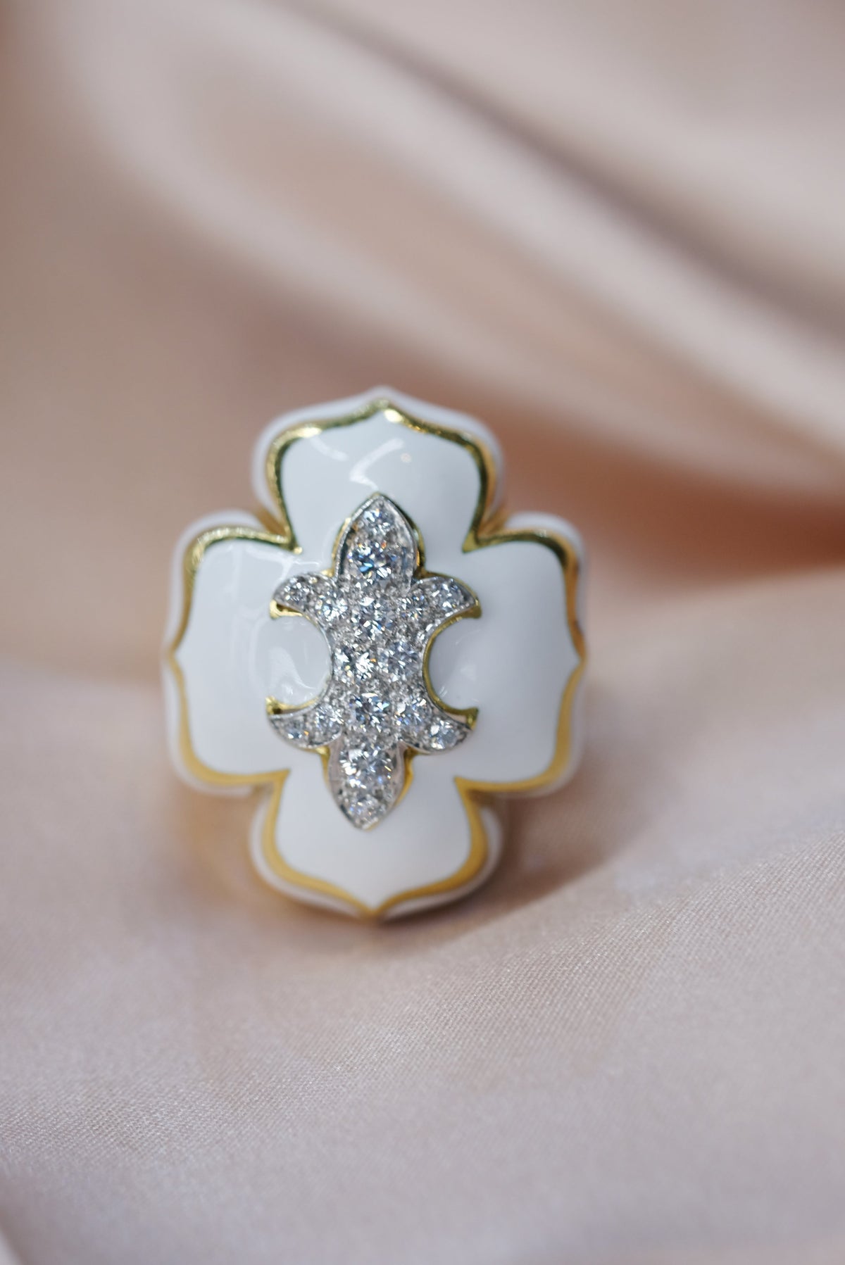 David Webb Platinum & 18K Yellow Gold Fleur De Lis White Enamel Ring — view 4 — Laura Milman New York