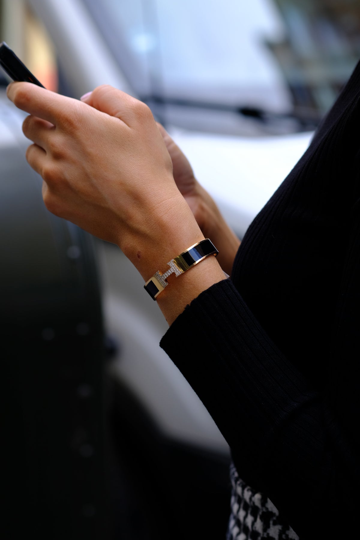Hermès 18K Yellow Gold Clic Clac H Diamond Black Enamel Bracelet — view 6 — Laura Milman New York