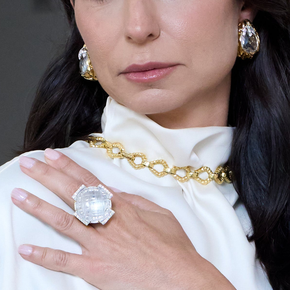 David Webb Platinum & 18K Yellow Gold Rock Crystal Carved Clip On Earrings — view 5 — Laura Milman New York