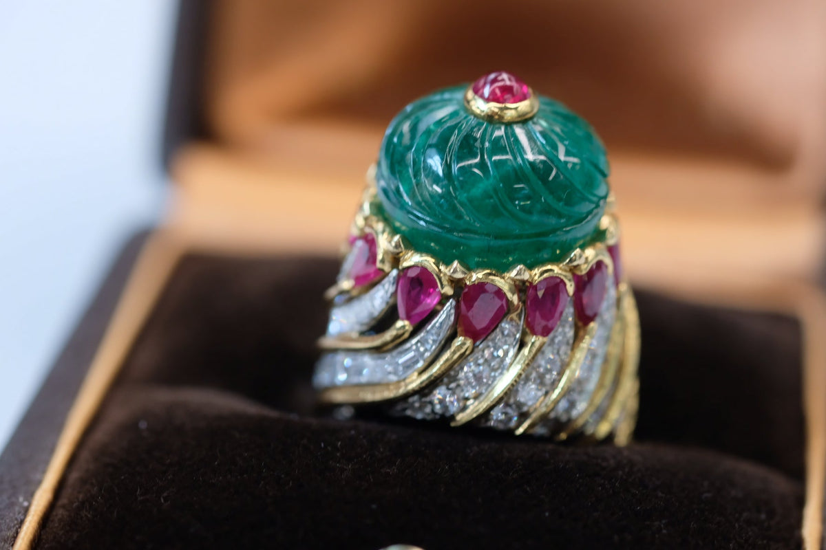 David Webb Platinum & 18K Yellow Gold Mughal Carved Emerald And Ruby Ring — view 9 — Laura Milman New York