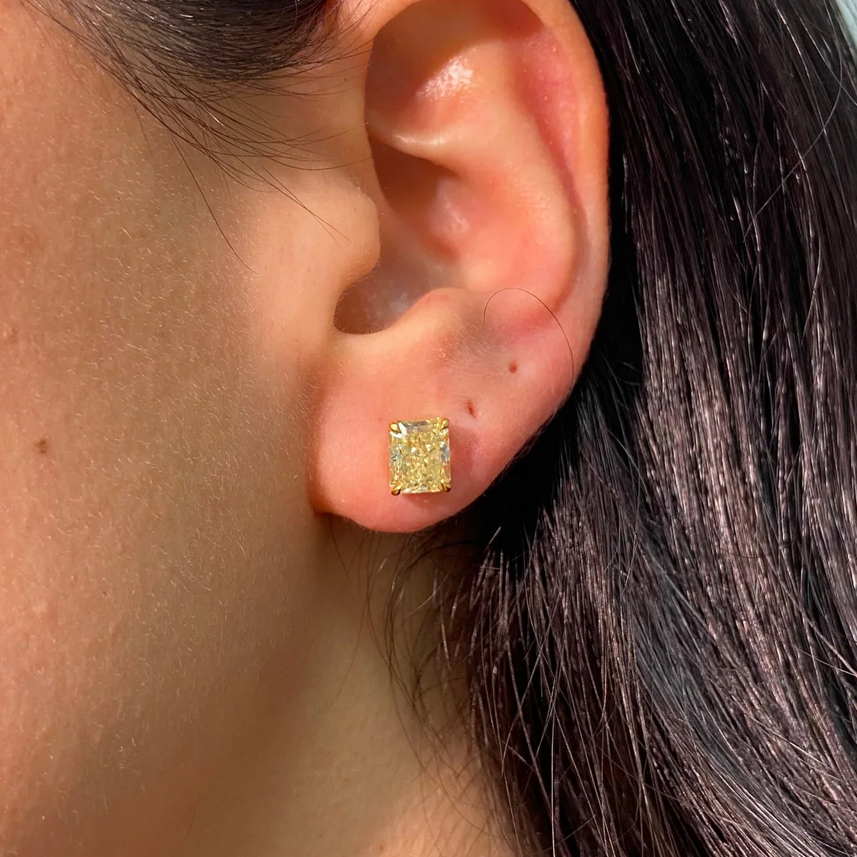 2.85ctw Fancy Yellow Elongated Radiant Diamond Stud Earrings VS GIA — view 2 — Laura Milman New York