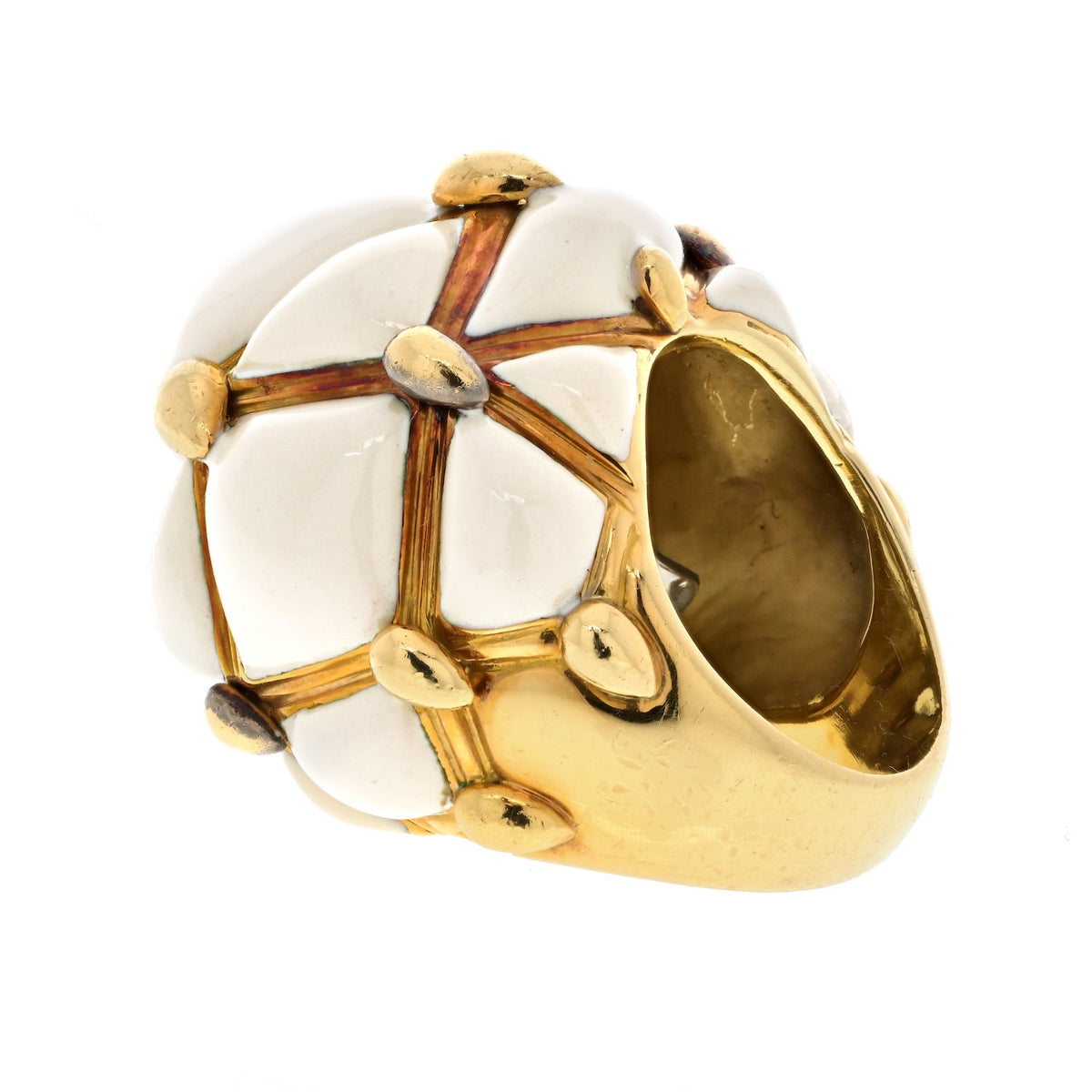 David Webb Platinum & 18K Yellow Gold Dome Off White Enamel Cream Criss Cross Cocktail Ring — view 7 — Laura Milman New York