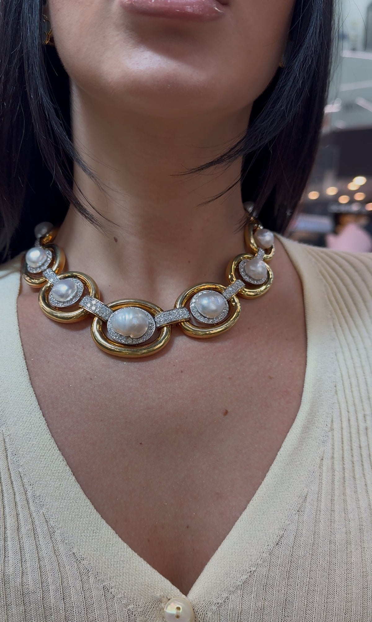 David Webb Pearl Platinum & 18K Yellow Gold Baraque Pearl And Diamond Collar Necklace — view 6 — Laura Milman New York