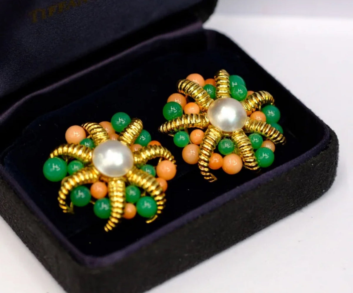 Tiffany & Co. 18K Yellow Gold Cultured Pearl Coral And Chrysoprase Clip-On Earrings — view 3 — Laura Milman New York