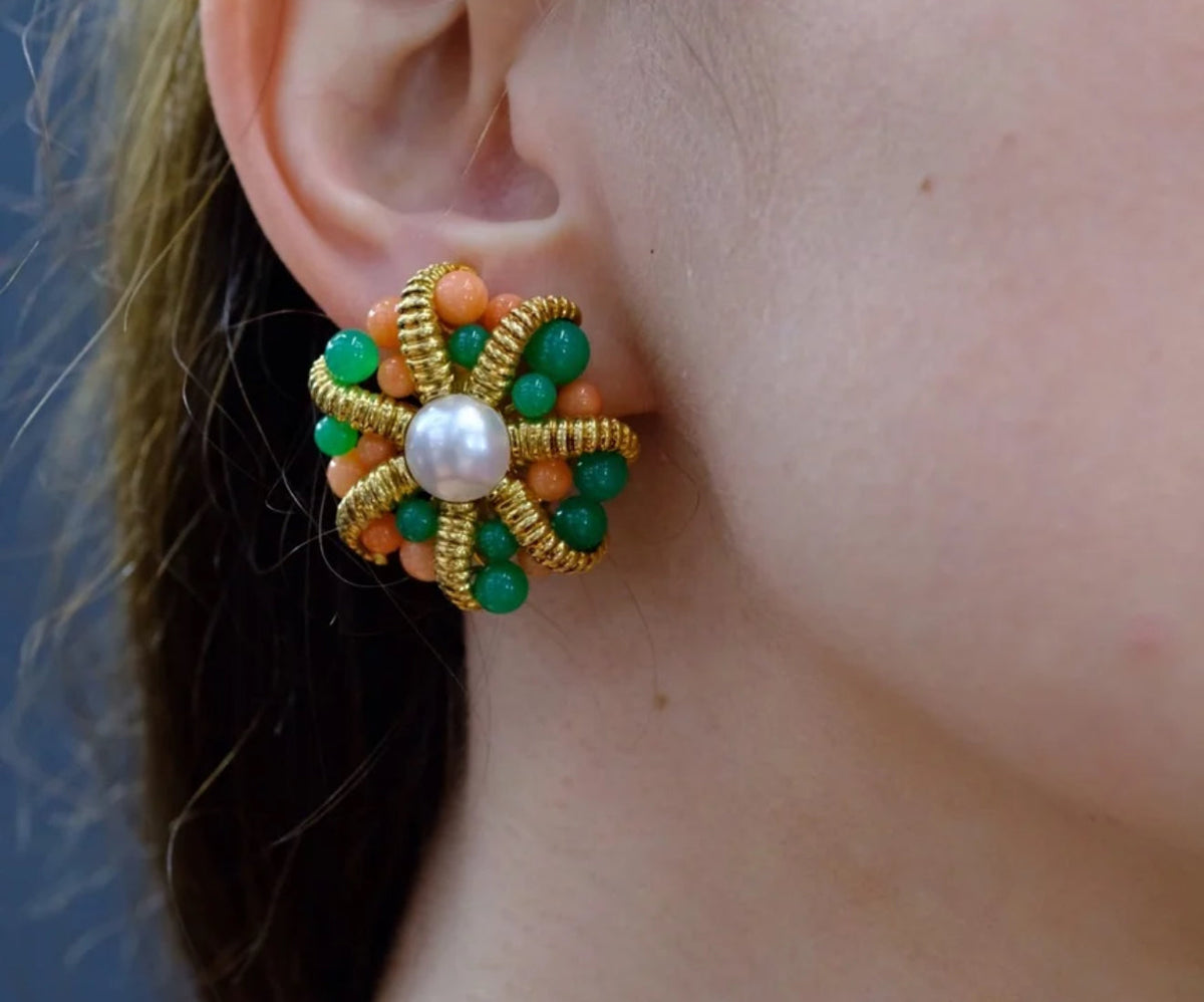 Tiffany & Co. 18K Yellow Gold Cultured Pearl Coral And Chrysoprase Clip-On Earrings — view 4 — Laura Milman New York