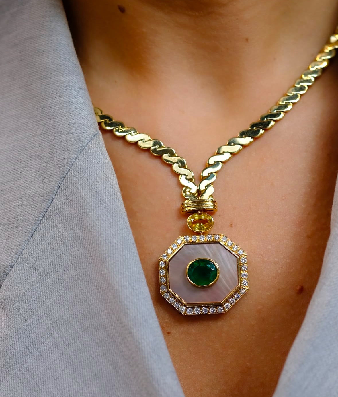 Van Cleef & Arpels 18K Yellow Gold Green Emerald, Yellow Sapphire, Mother Of Pearl Necklace — view 5 — Laura Milman New York