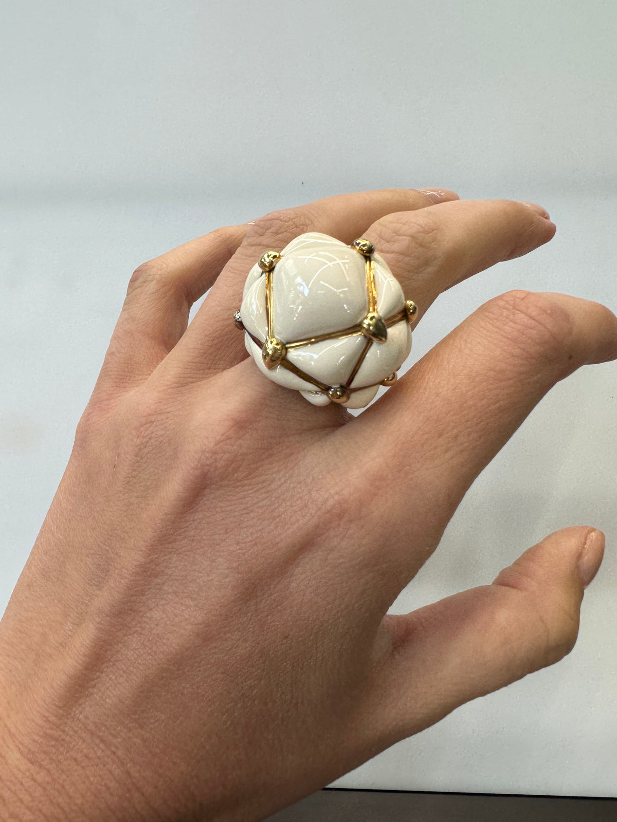 David Webb Platinum & 18K Yellow Gold Dome Off White Enamel Cream Criss Cross Cocktail Ring — view 2 — Laura Milman New York