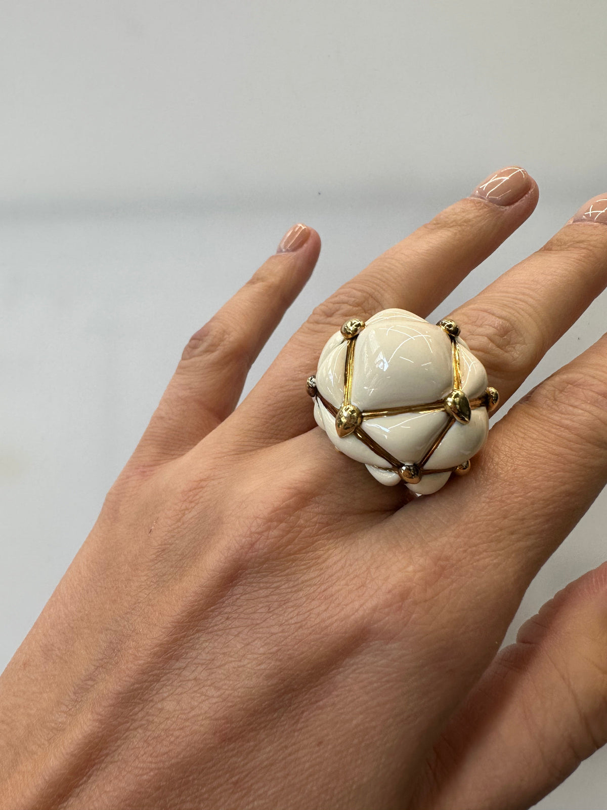 David Webb Platinum & 18K Yellow Gold Dome Off White Enamel Cream Criss Cross Cocktail Ring — view 4 — Laura Milman New York