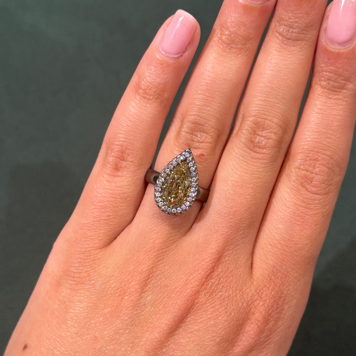 3.00ct Fancy Brownish Yellow Pear Diamond Cloud Halo Ring VVS2 GIA — view 3 — Laura Milman New York