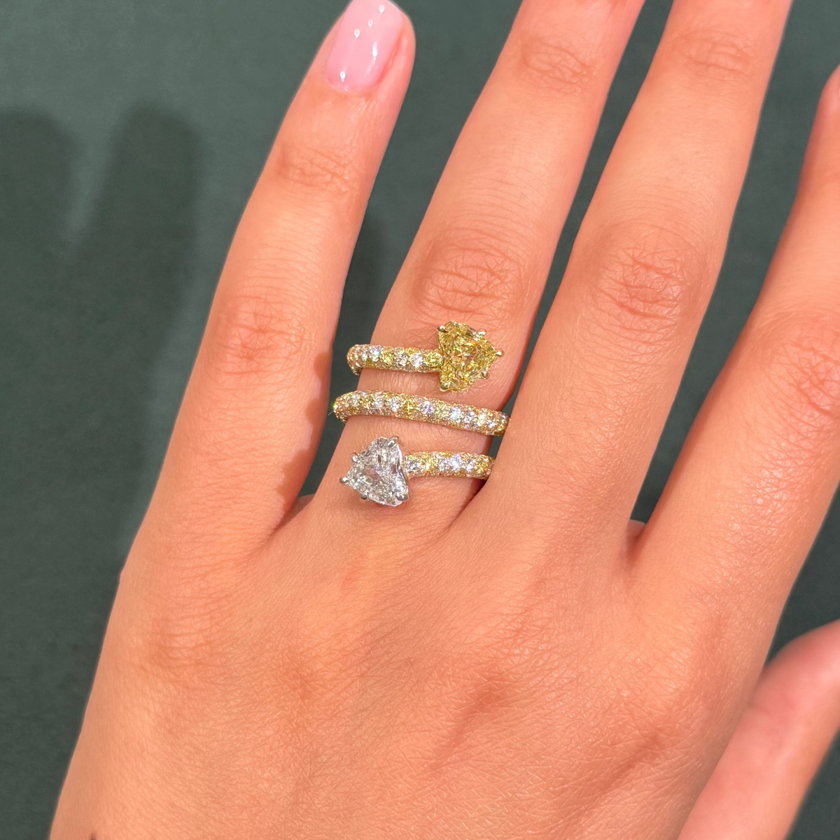 4.07ctw Fancy Yellow Heart and Colorless Diamond Double Spiral Ring SI1 GIA — view 2 — Laura Milman New York