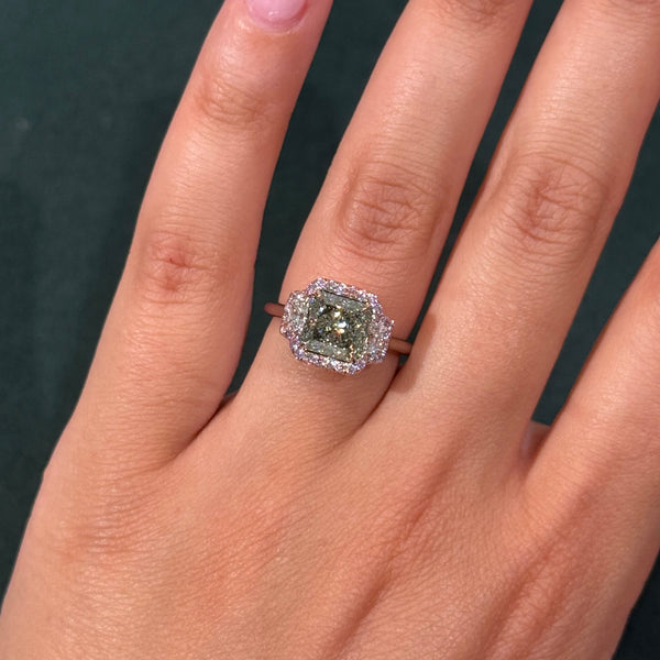 2.54ct Fancy Grayish Yellowish Green Radiant Diamond Ring SI1 GIA — view 2