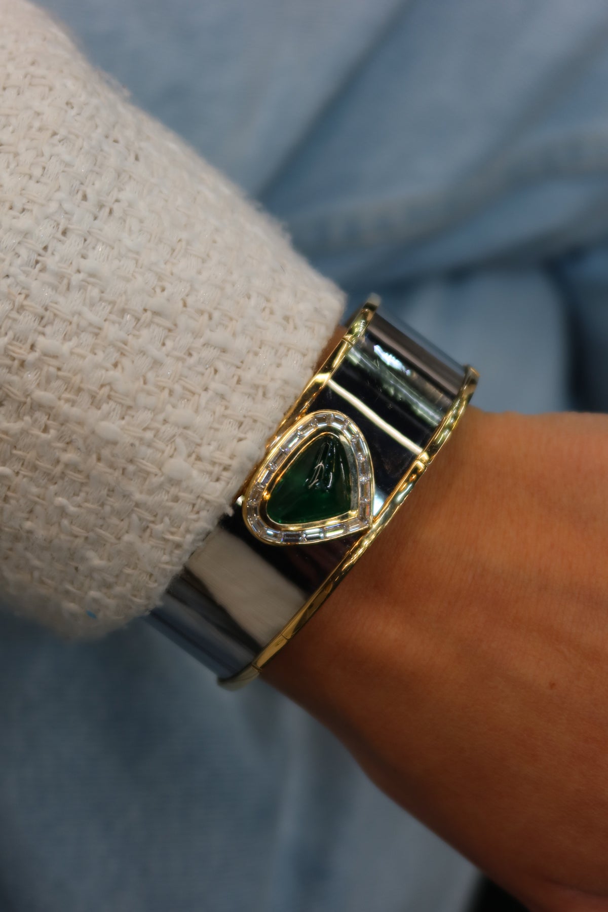 Marina B . 18K Yellow Gold Green Emerald And Diamond Cuff Bracelet — view 9 — Laura Milman New York