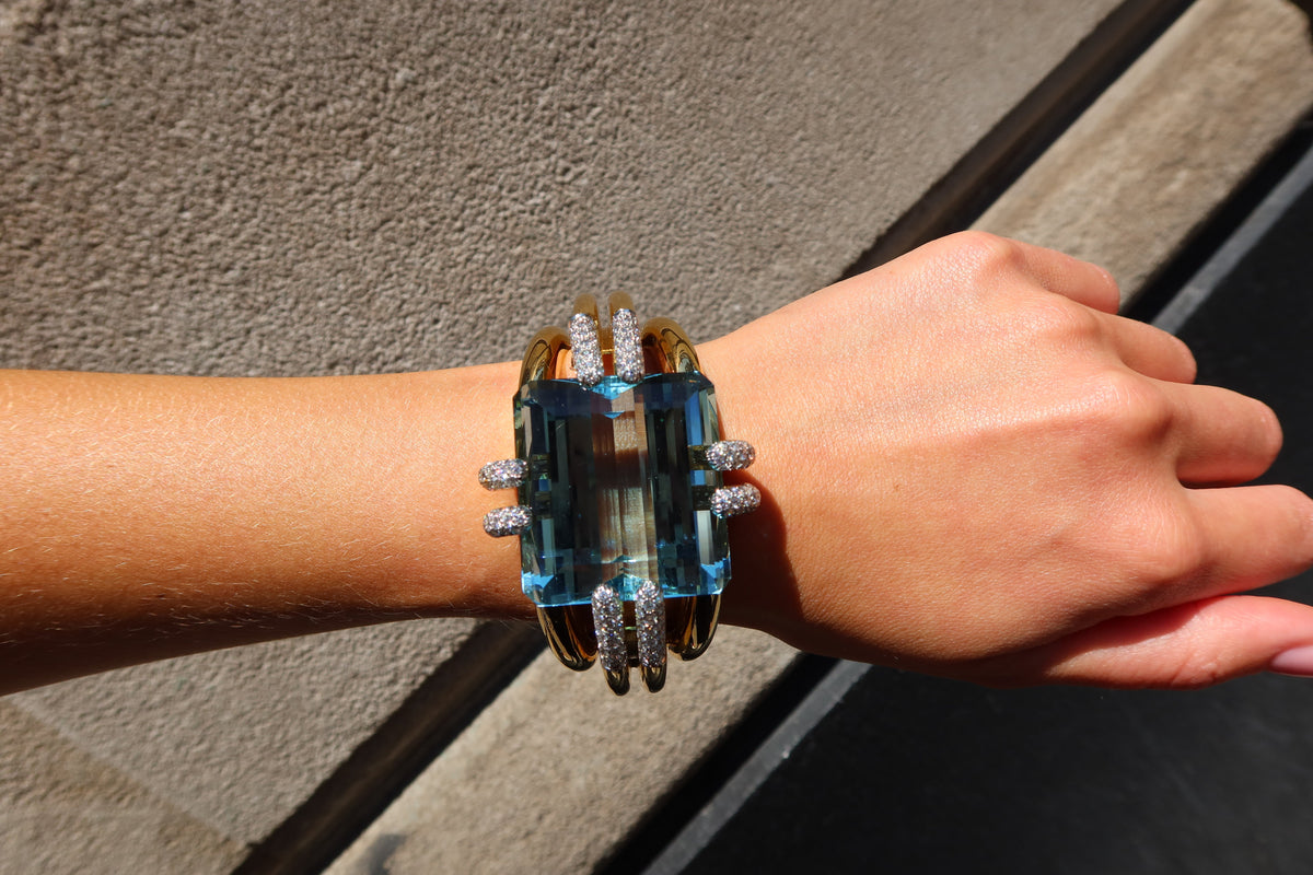 David Webb Notre Dame 18K Yellow Gold Aquamarine And Diamond Bracelet — view 9 — Laura Milman New York