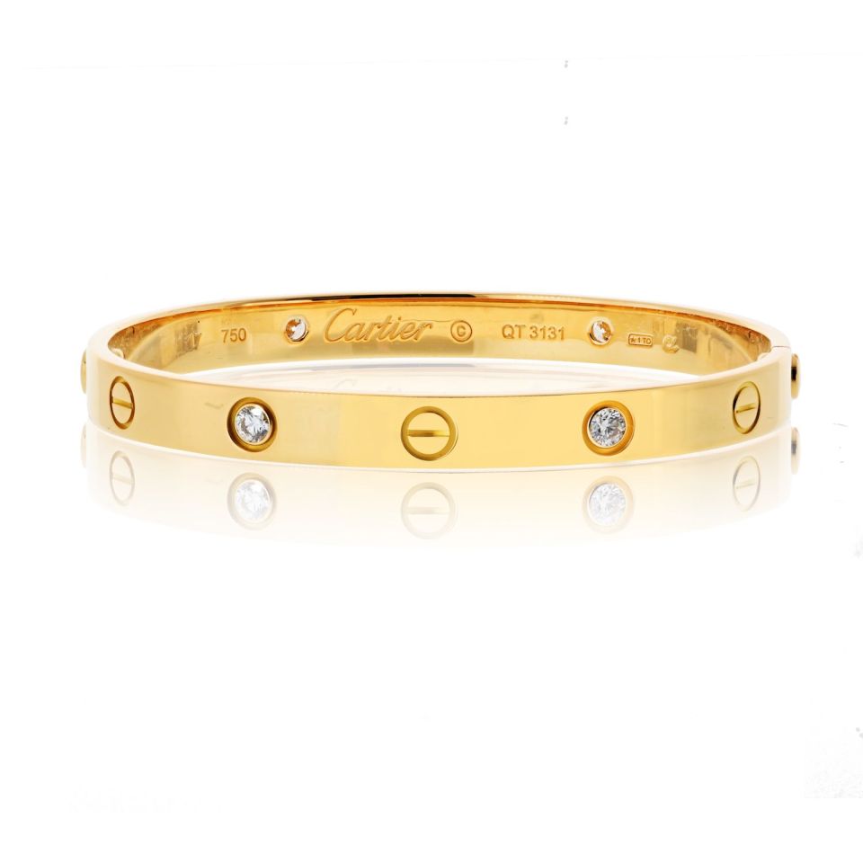 Vintage Cartier Love Bracelet in 18K Yellow Gold with Four Diamonds, Size 17