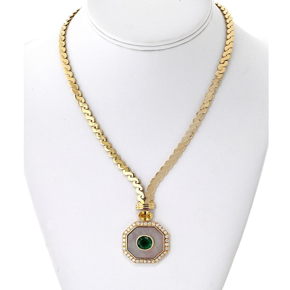 Van Cleef & Arpels 18K Yellow Gold Green Emerald, Yellow Sapphire, Mother Of Pearl Necklace — Laura Milman New York