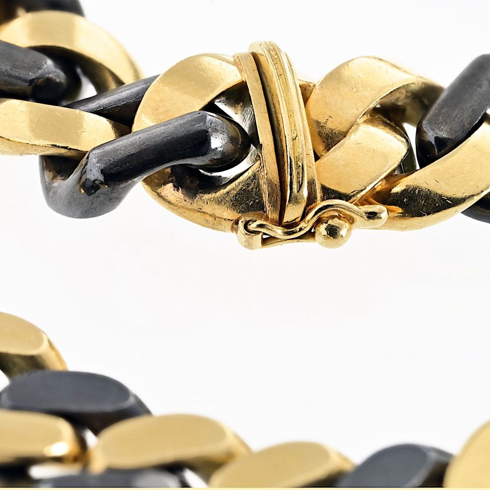 Bvlgari 18K Yellow Gold Blackened Silver Curb Link Necklace 34 Inches