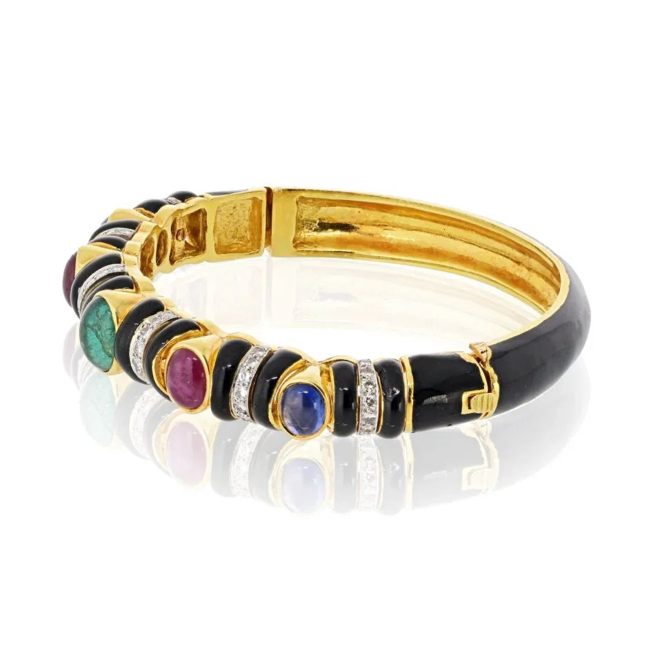 David Webb 18K Yellow Gold Black Enamel With Gemstones And Diamonds Bracelet — view 2 — Laura Milman New York