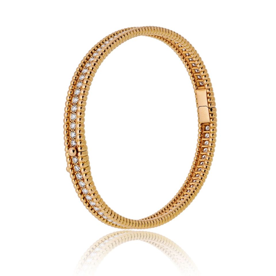 Van Cleef & Arpels 18K Rose Gold Perlee Diamond Size L Bangle 1 Row Bracelet — view 2 — Laura Milman New York