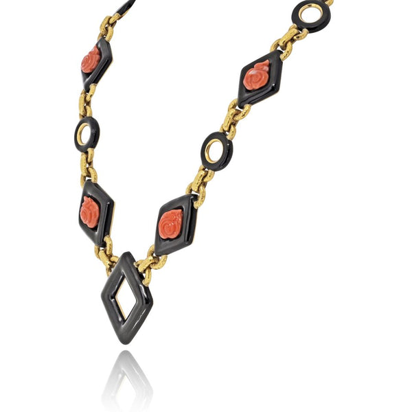 David Webb 18K Yellow Gold Black Enamel And Roses Coral Link Necklace — view 2