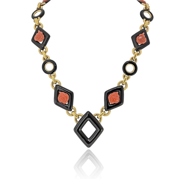 David Webb 18K Yellow Gold Black Enamel And Roses Coral Link Necklace