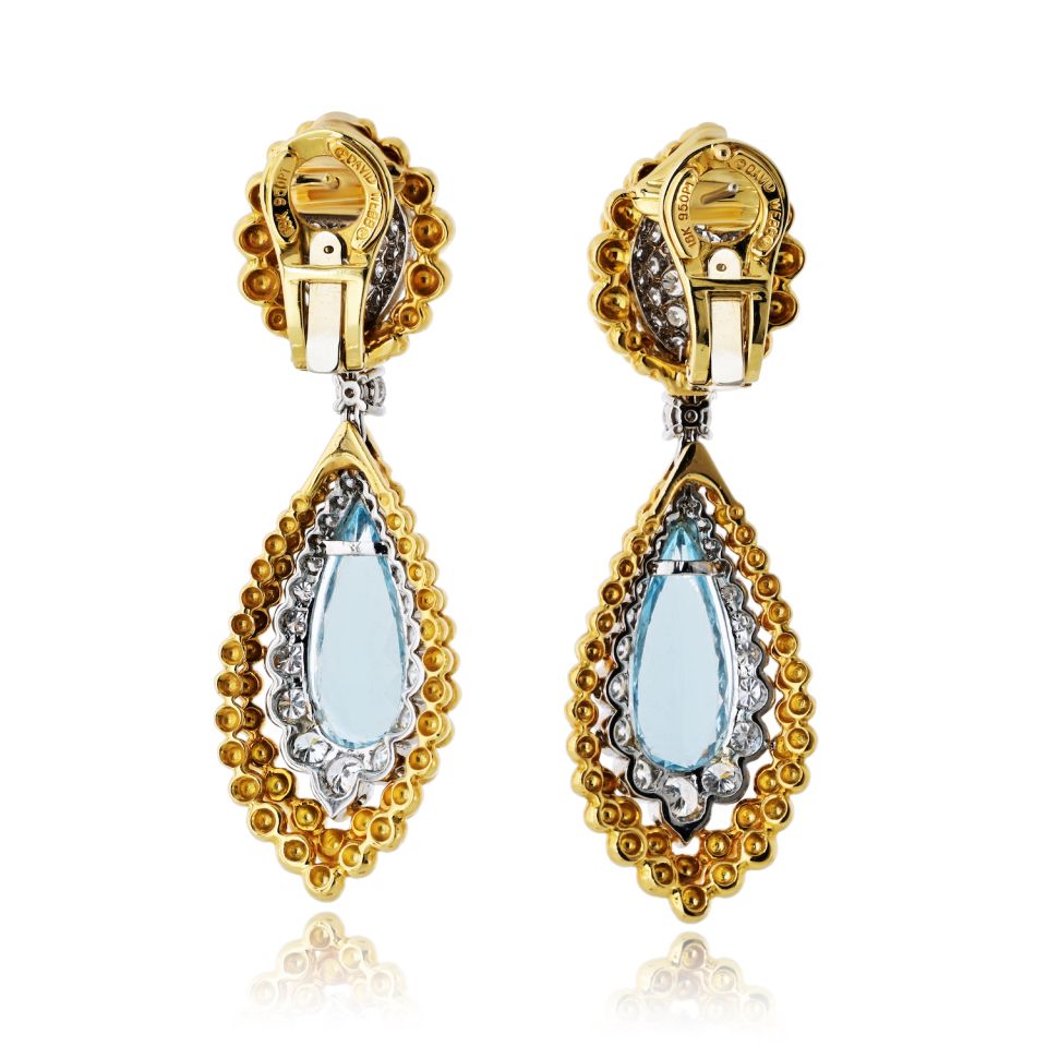 David Webb 18K Yellow Gold 6.00cttw Aquamarine And Diamond Earrings — view 4 — Laura Milman New York