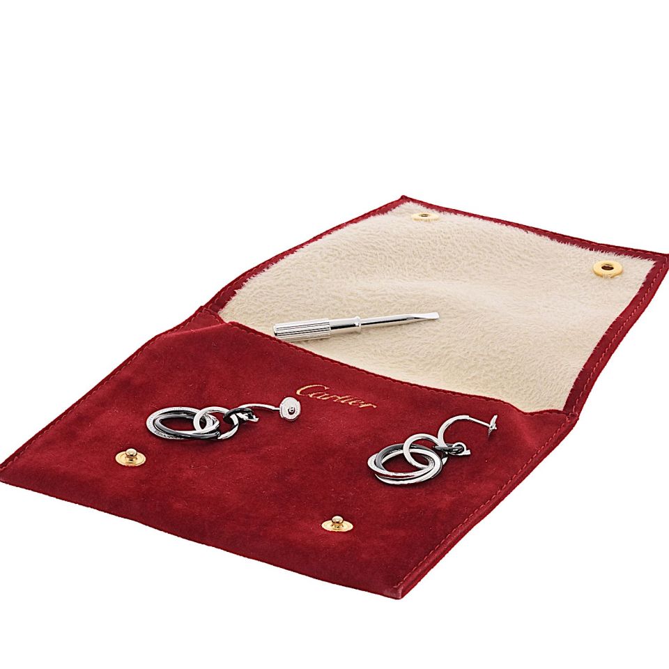 Cartier 18K White Gold Trinity Dangle Black Ceramic Diamond Earrings — view 4 — Laura Milman New York