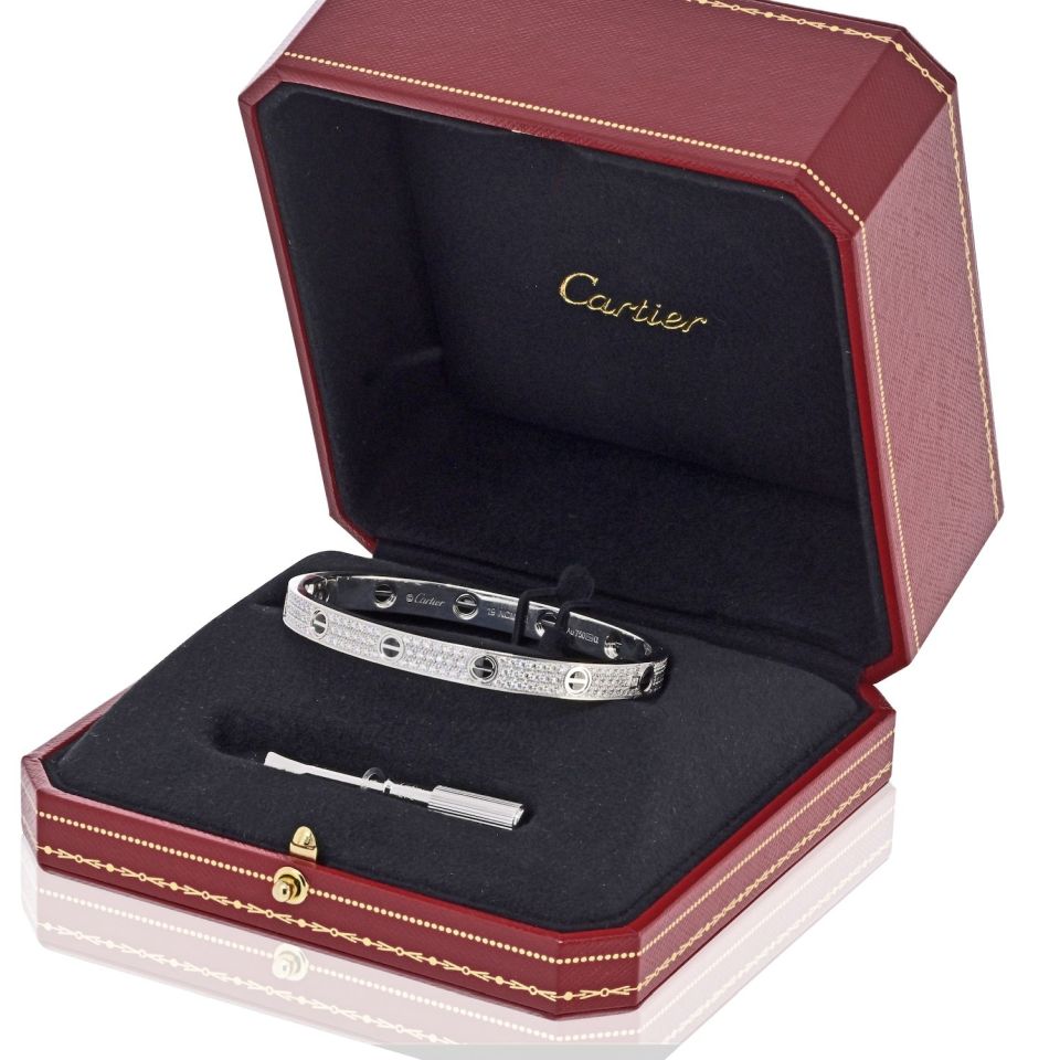 Cartier Love 18K White Gold Pave Diamonds And Ceramic Motifs Size 19 Bracelet — view 4 — Laura Milman New York