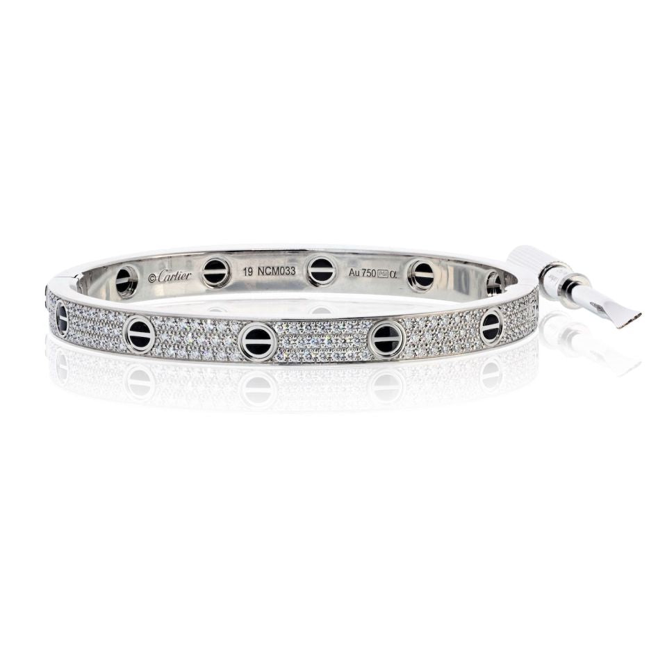 Cartier Love 18K White Gold Pave Diamonds And Ceramic Motifs Size 19 Bracelet — Laura Milman New York