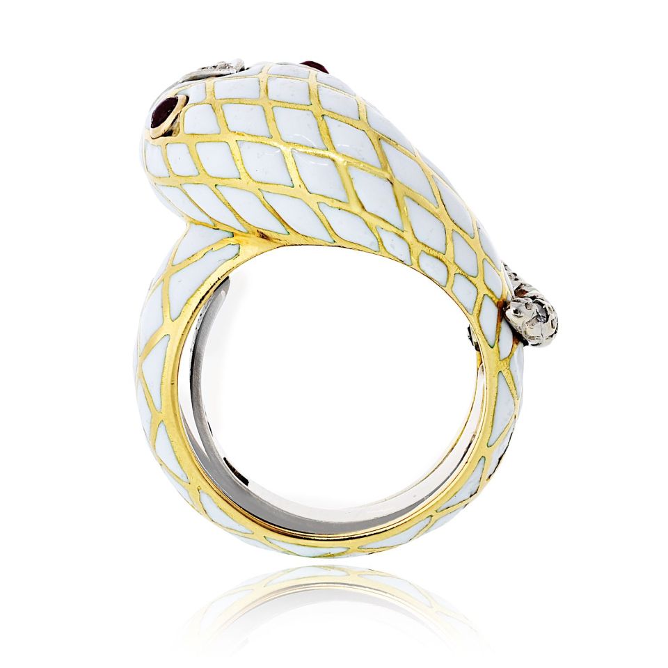 David Webb 18K Yellow Gold Snake Serpent White Enamel Ruby And Diamonds Ring — view 2 — Laura Milman New York