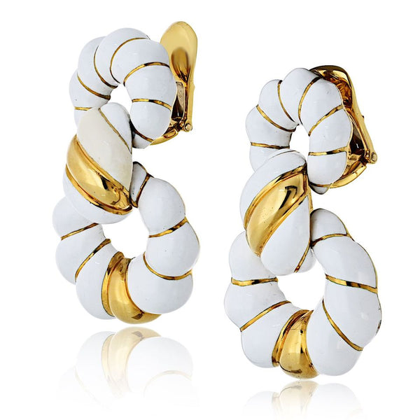 David Webb 18K Yellow Gold White Enamel 1.75 Inches Long Doorknocker Earrings — view 2