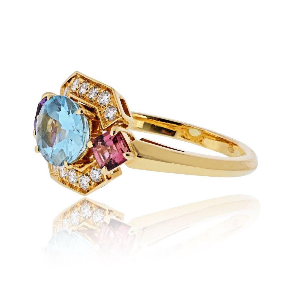 Bvlgari 18K Yellow Gold Allegra Aquamarine Amethyst Pink Tourmaline Ring — view 2 — Laura Milman New York