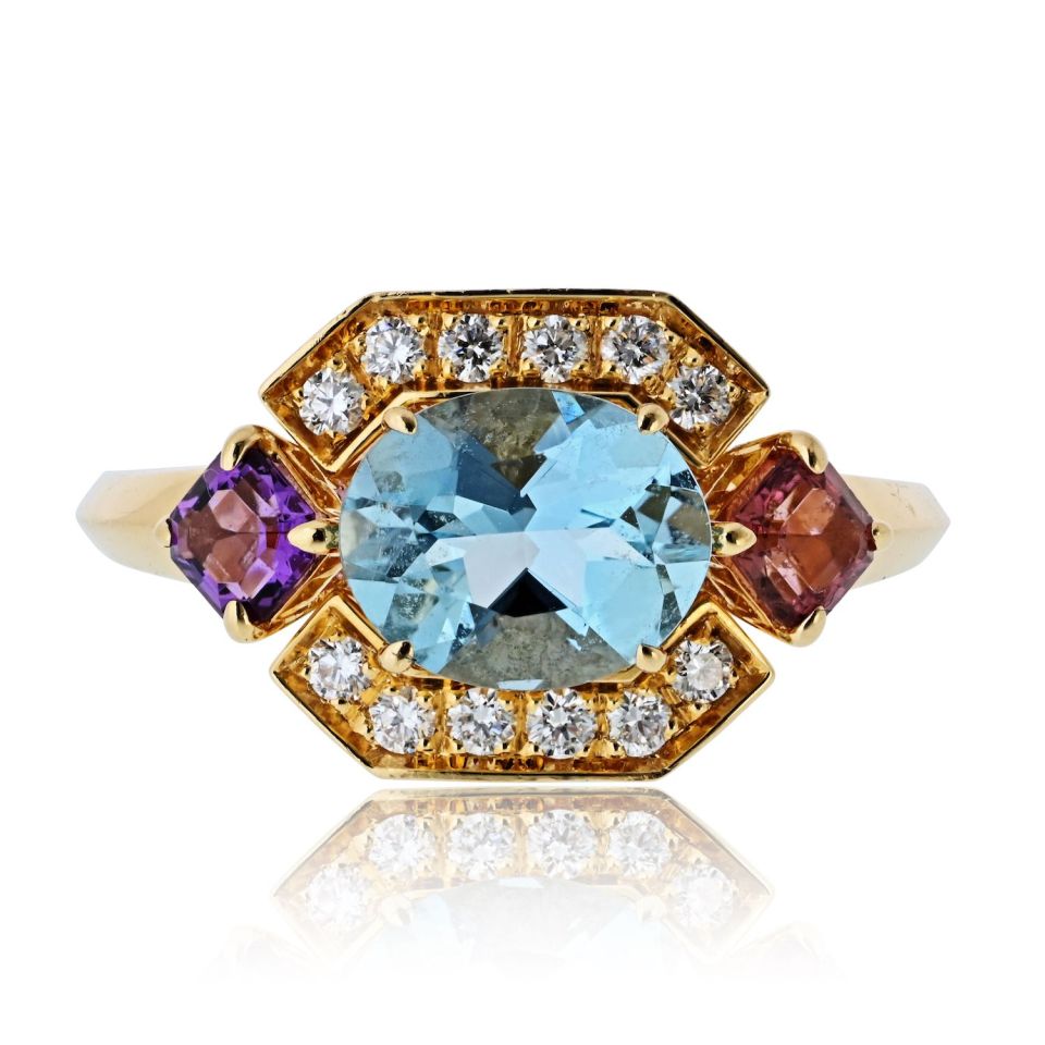 Bvlgari 18K Yellow Gold Allegra Aquamarine Amethyst Pink Tourmaline Ring — Laura Milman New York