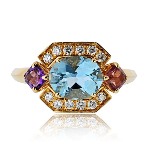 Bvlgari 18K Yellow Gold Allegra Aquamarine Amethyst Pink Tourmaline Ring
