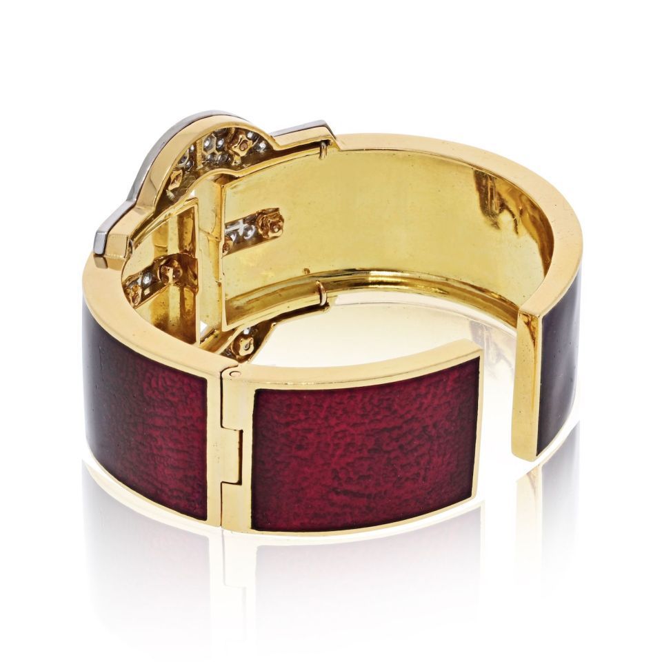David Webb Platinum & 18K Yellow Gold Buckle Cuff Red Enamel Diamond Bangle Bracelet — view 3 — Laura Milman New York