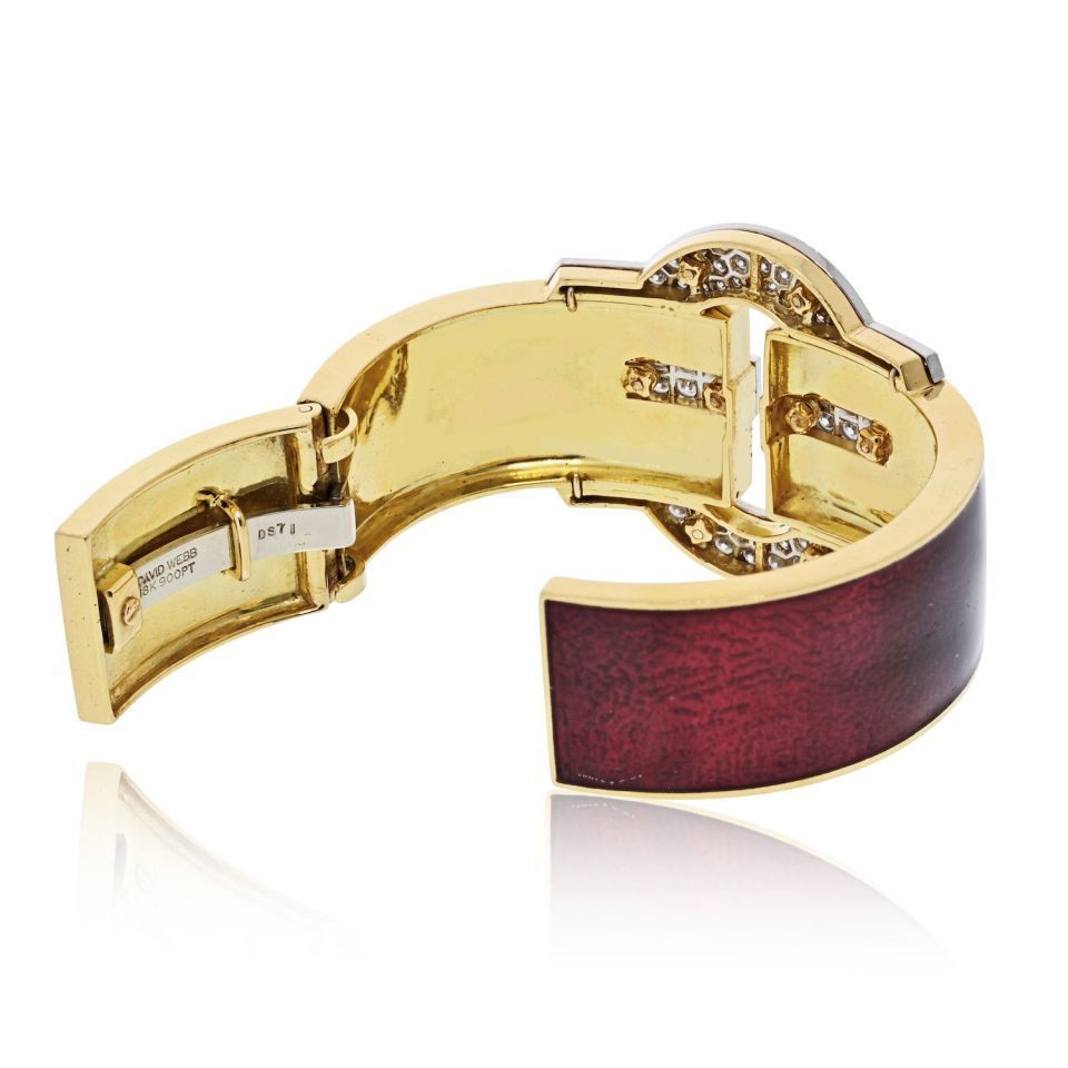 David Webb Platinum & 18K Yellow Gold Buckle Cuff Red Enamel Diamond Bangle Bracelet — view 4 — Laura Milman New York