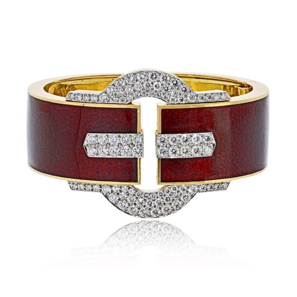 David Webb Platinum & 18K Yellow Gold Buckle Cuff Red Enamel Diamond Bangle Bracelet