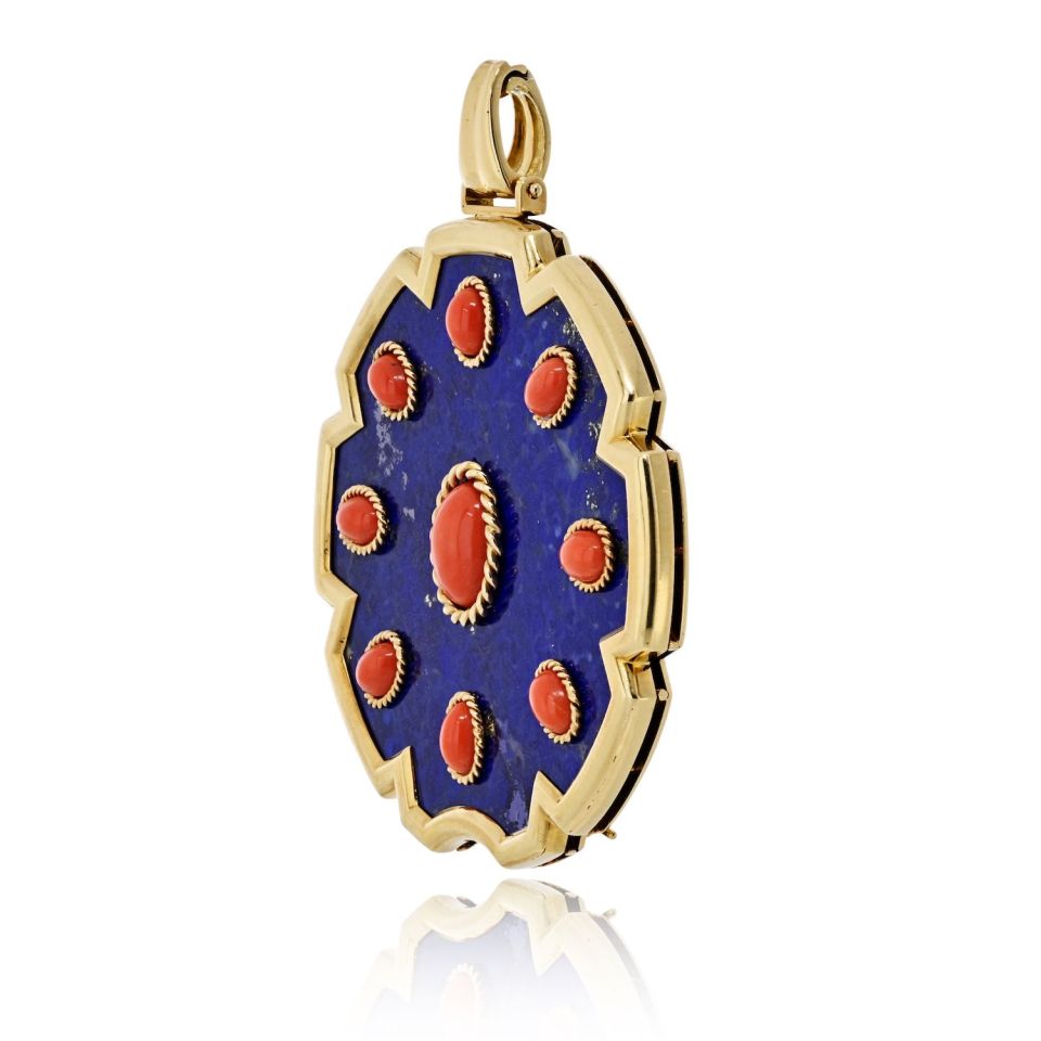 Van Cleef & Arpels 18K Yellow Gold 1970's Lapis And Coral Pendant — view 2 — Laura Milman New York