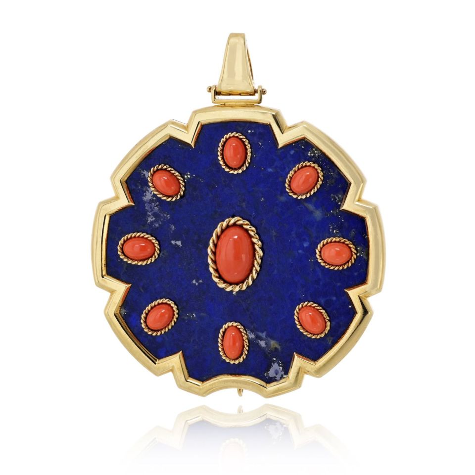 Van Cleef & Arpels 18K Yellow Gold 1970's Lapis And Coral Pendant — Laura Milman New York