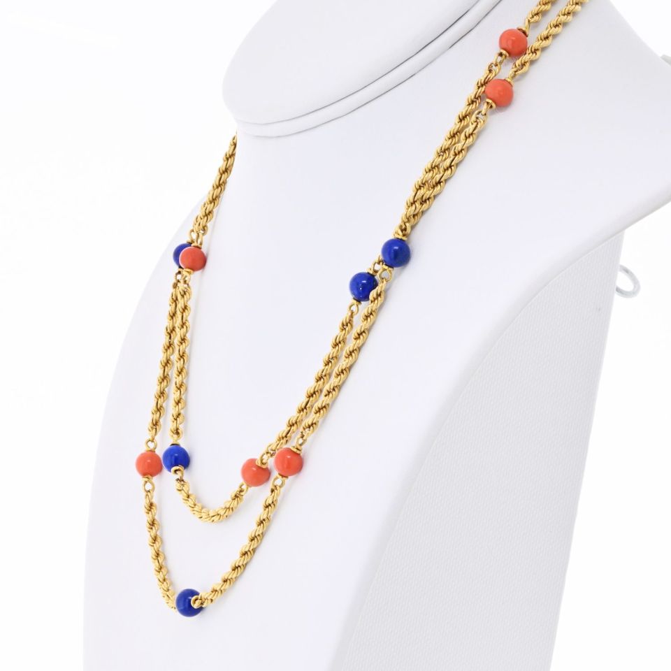 Van Cleef & Arpels 18K Yellow Gold Lapis And Coral 33 Inch Necklace — view 2 — Laura Milman New York