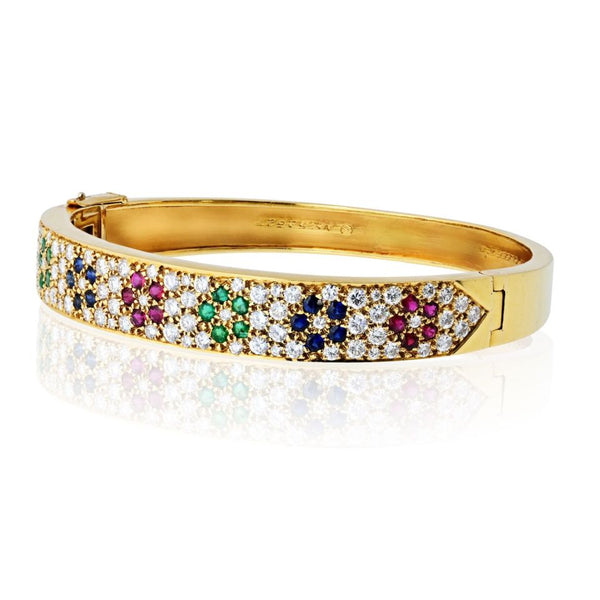 Van Cleef & Arpels 18K Yellow Gold Diamond And Multi Gem Flower Motif Bangle Bracelet — view 2