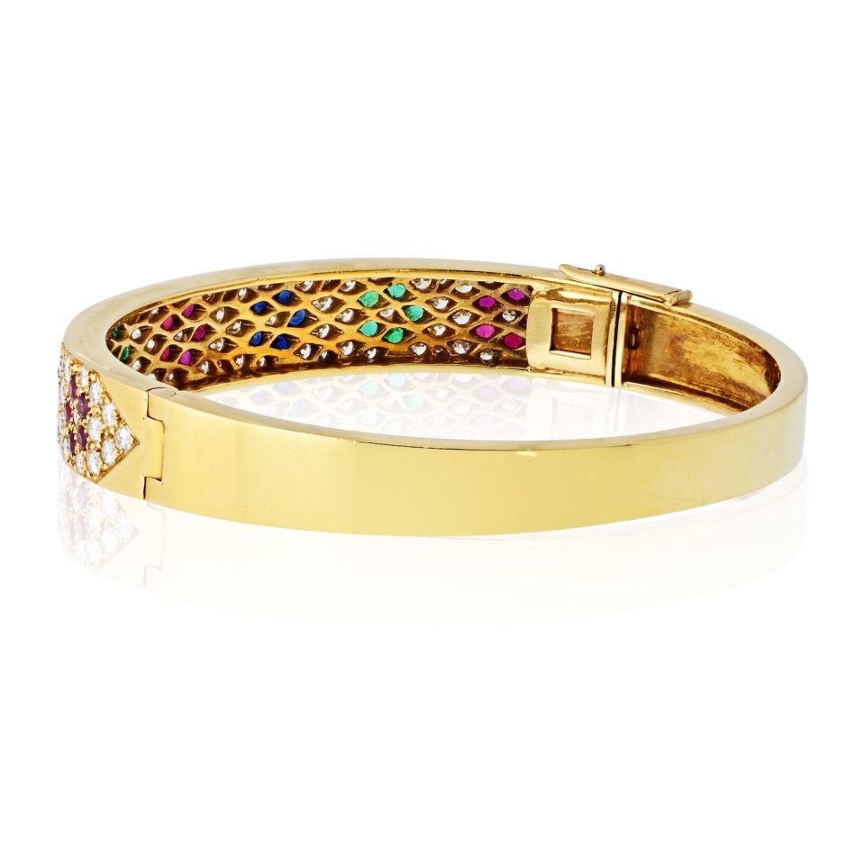 Van Cleef & Arpels 18K Yellow Gold Diamond And Multi Gem Flower Motif Bangle Bracelet — view 3 — Laura Milman New York