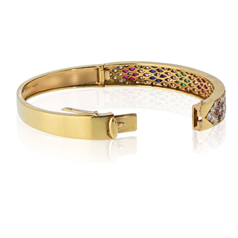 Van Cleef & Arpels 18K Yellow Gold Diamond And Multi Gem Flower Motif Bangle Bracelet — view 4 — Laura Milman New York