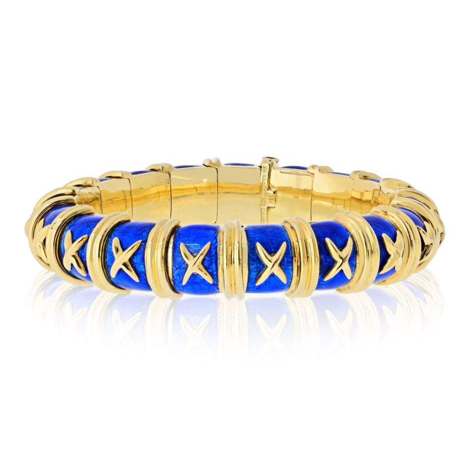 Tiffany & Co. Schlumberger 18K Yellow Gold Croisillon Blue Enamel Bangle Bracelet — Laura Milman New York