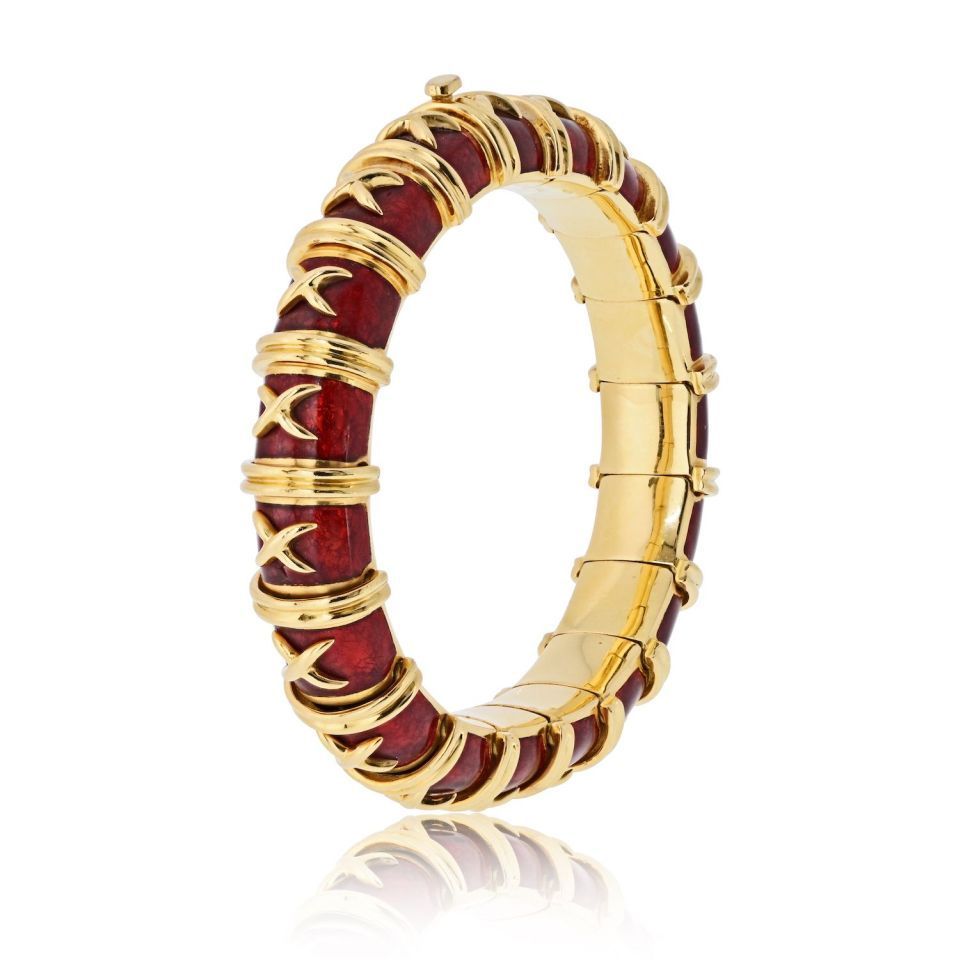 Tiffany & Co. Schlumberger 18K Yellow Gold Vintage Croisillon Red Enamel Bracelet — view 3 — Laura Milman New York