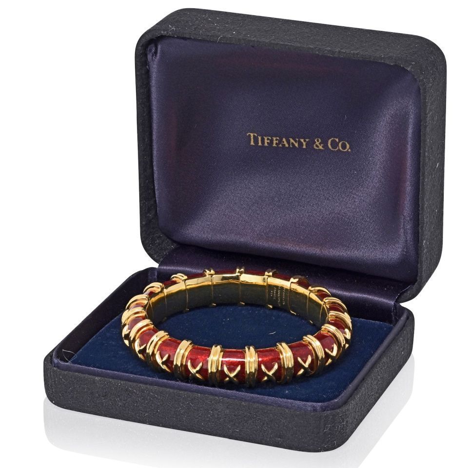 Tiffany & Co. Schlumberger 18K Yellow Gold Vintage Croisillon Red Enamel Bracelet — view 5 — Laura Milman New York