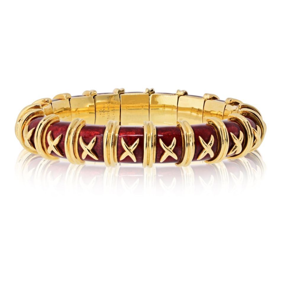 Tiffany & Co. Schlumberger 18K Yellow Gold Vintage Croisillon Red Enamel Bracelet — Laura Milman New York