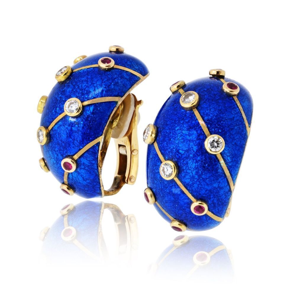 Tiffany & Co. Schlumberger 18K Yellow Gold Blue Enamel Ruby And Diamond Banana Earrings — view 2 — Laura Milman New York