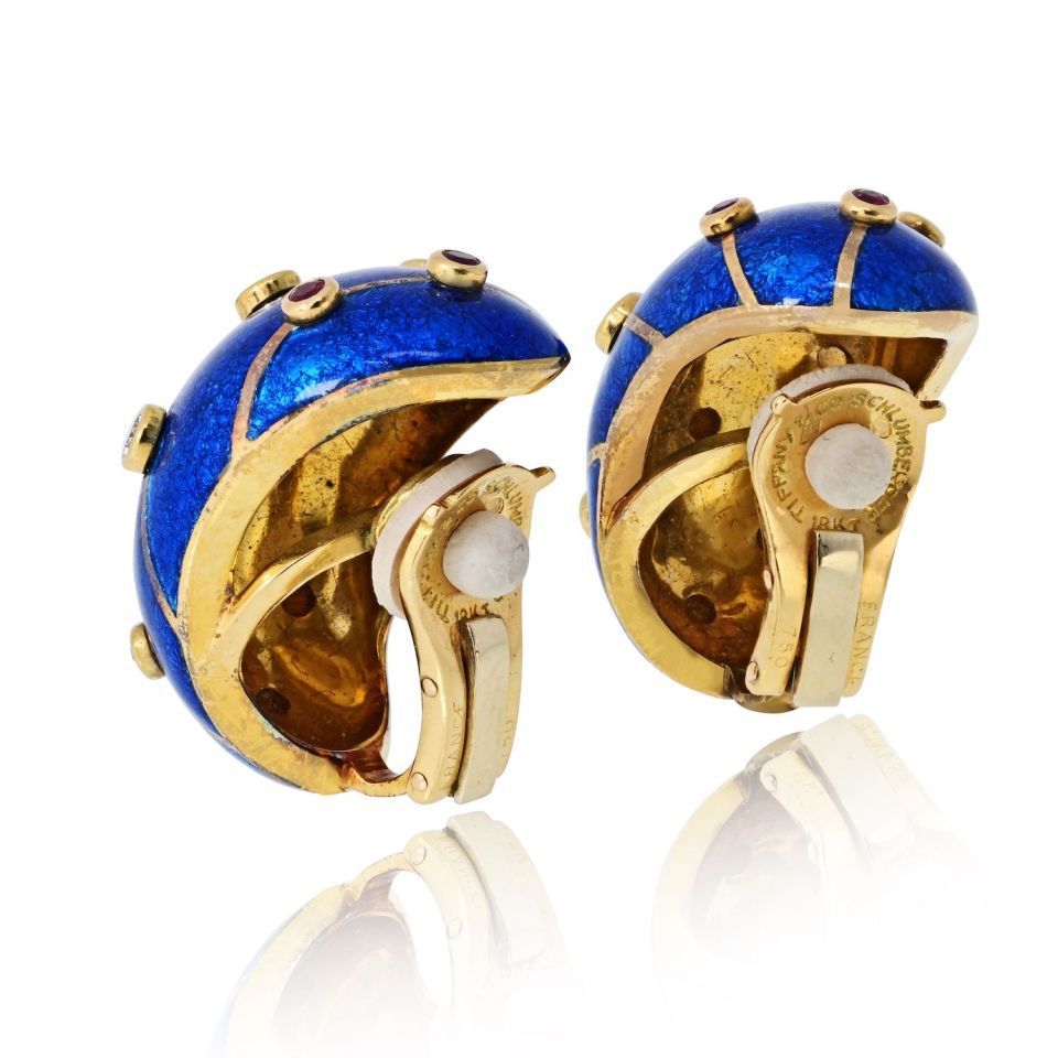 Tiffany & Co. Schlumberger 18K Yellow Gold Blue Enamel Ruby And Diamond Banana Earrings — view 3 — Laura Milman New York