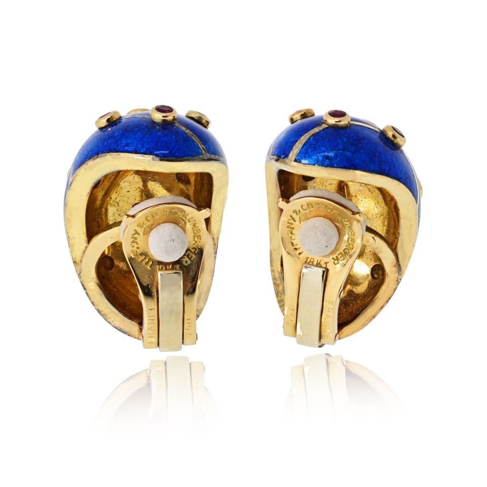 Tiffany & Co. Schlumberger 18K Yellow Gold Blue Enamel Ruby And Diamond Banana Earrings — view 4 — Laura Milman New York
